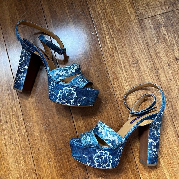Ralph Lauren Printed Denim Floral Strappy Platform Open Toe Sandal - Picture 2 of 7